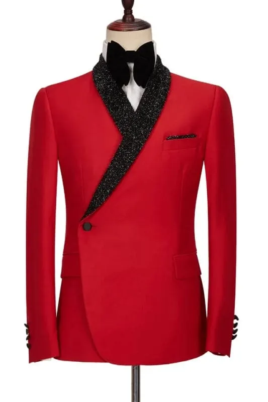 Red Shawl Lapel Two Pieces Wedding Suits with Black Sequins Lapel One Button Slim Fit Prom Suits