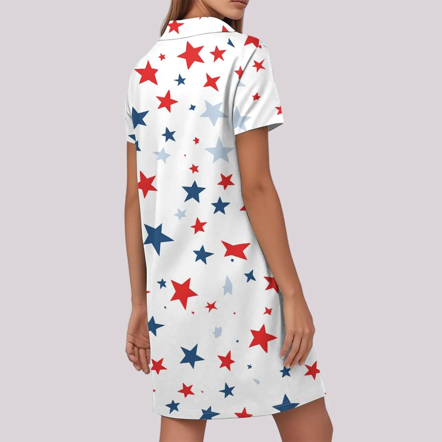 Red White and Blue Summer Dress for Women 4Th of July Tshirt Dress Midi Short Sleeve Collared V Neck A Line Dresses