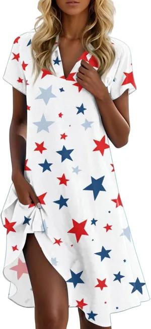 Red White and Blue Summer Dress for Women 4Th of July Tshirt Dress Midi Short Sleeve Collared V Neck A Line Dresses
