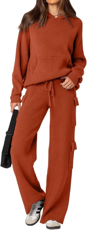 REORIA Women 2 Piece Knit Sweater Set Lounge Hoodie & Cargo Pants Outfit for Fall Winter 2024 Travel Style