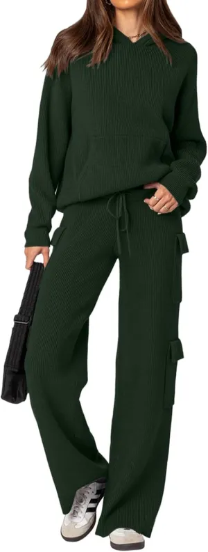 REORIA Women 2 Piece Knit Sweater Set Lounge Hoodie & Cargo Pants Outfit for Fall Winter 2024 Travel Style