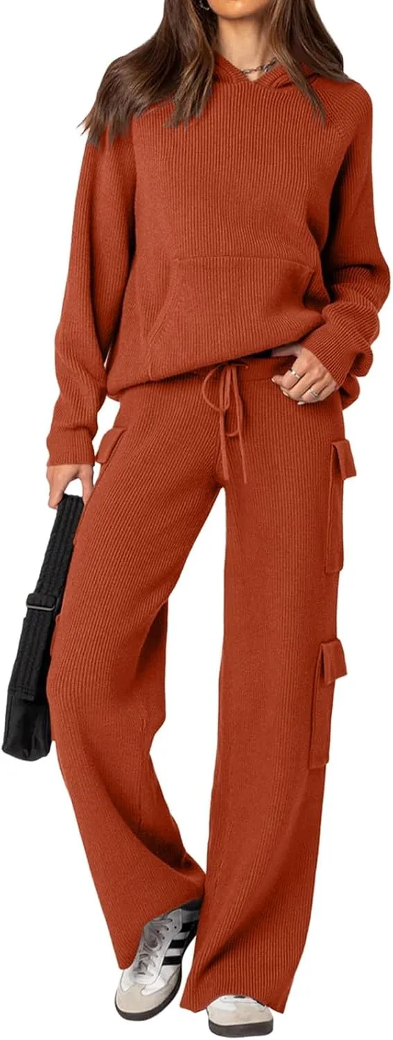 REORIA Women 2 Piece Knit Sweater Set Lounge Hoodie & Cargo Pants Outfit for Fall Winter 2024 Travel Style