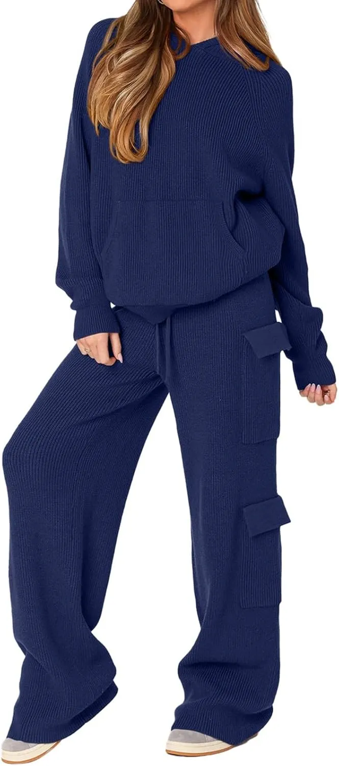 REORIA Women 2 Piece Knit Sweater Set Lounge Hoodie & Cargo Pants Outfit for Fall Winter 2024 Travel Style