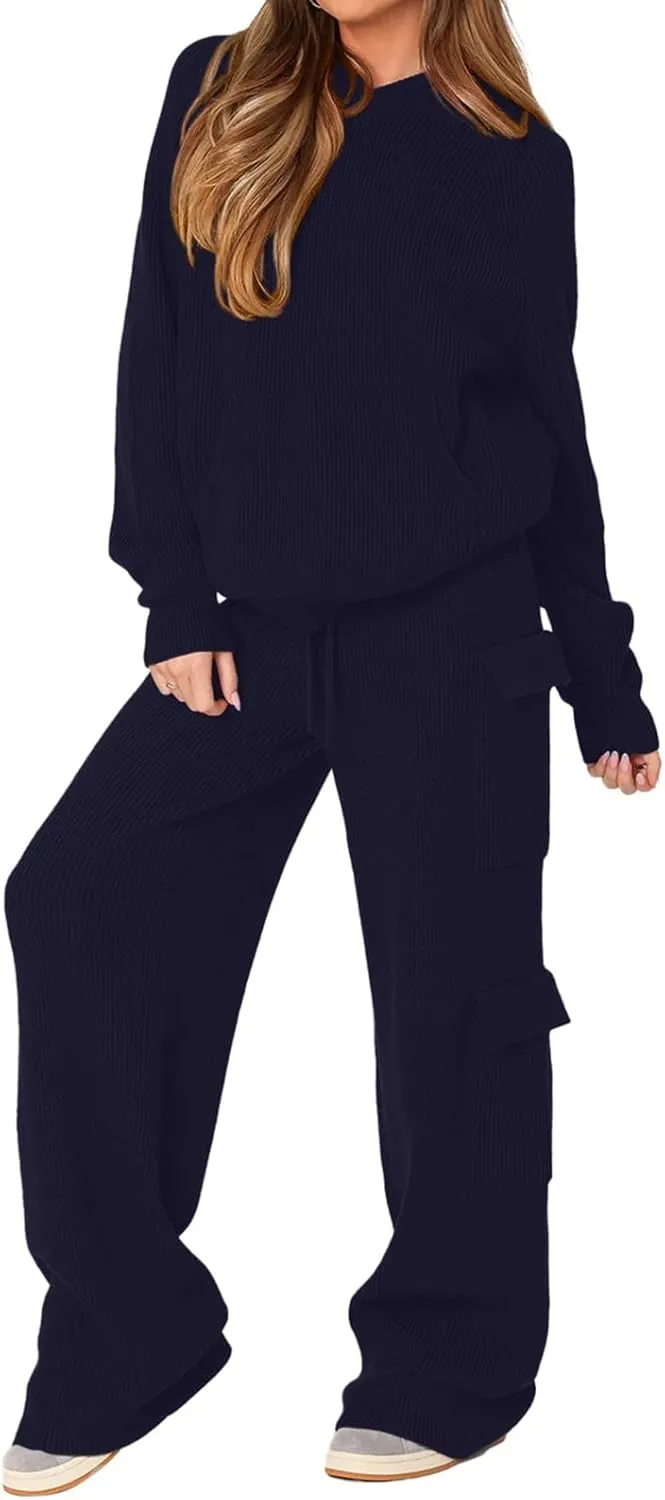 REORIA Women 2 Piece Knit Sweater Set Lounge Hoodie & Cargo Pants Outfit for Fall Winter 2024 Travel Style