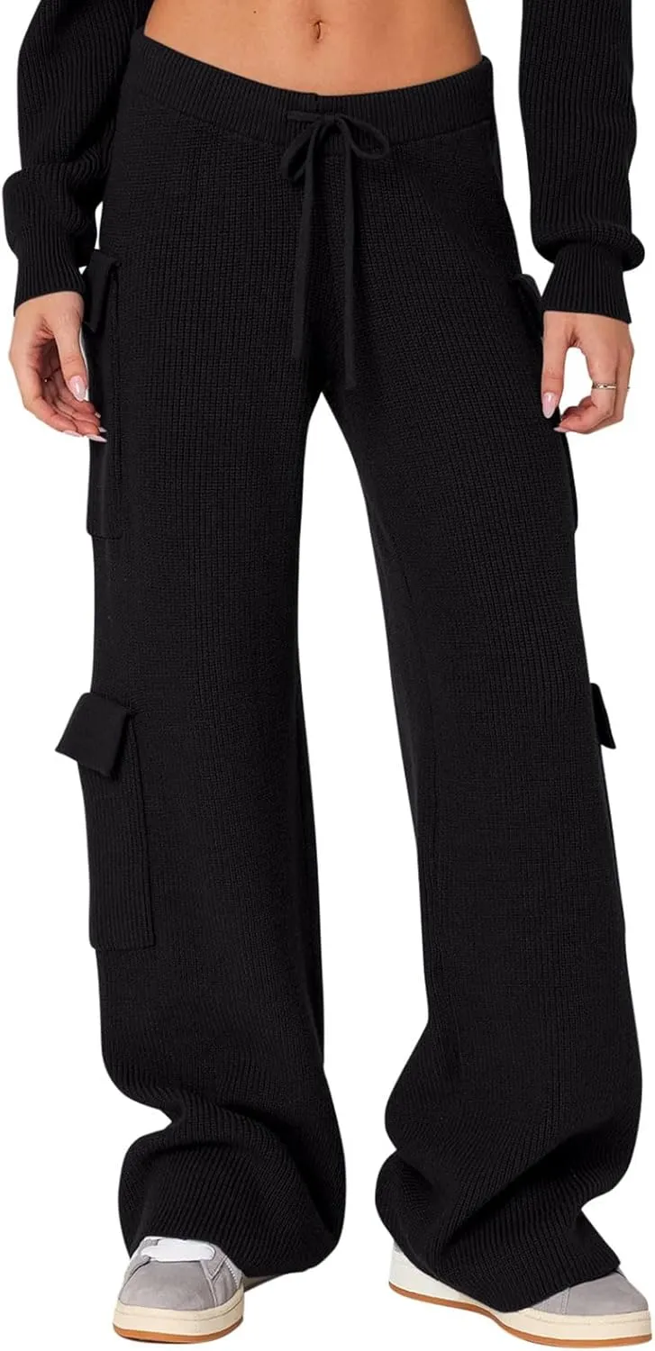 REORIA Women 2 Piece Knit Sweater Set Lounge Hoodie & Cargo Pants Outfit for Fall Winter 2024 Travel Style