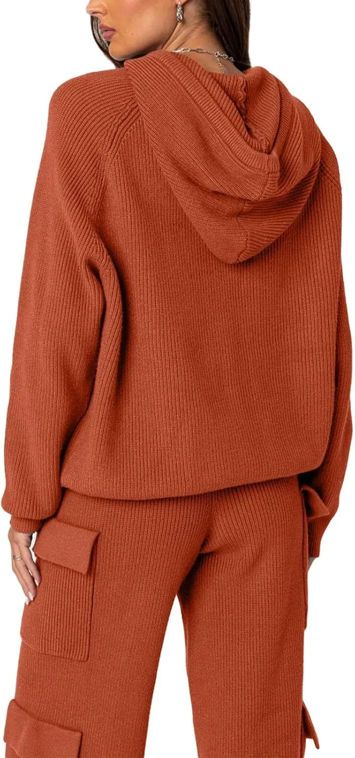 REORIA Women 2 Piece Knit Sweater Set Lounge Hoodie & Cargo Pants Outfit for Fall Winter 2024 Travel Style