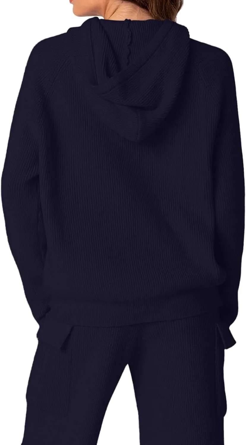REORIA Women 2 Piece Knit Sweater Set Lounge Hoodie & Cargo Pants Outfit for Fall Winter 2024 Travel Style