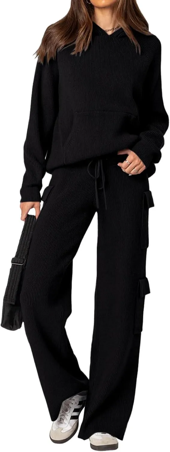 REORIA Women 2 Piece Knit Sweater Set Lounge Hoodie & Cargo Pants Outfit for Fall Winter 2024 Travel Style