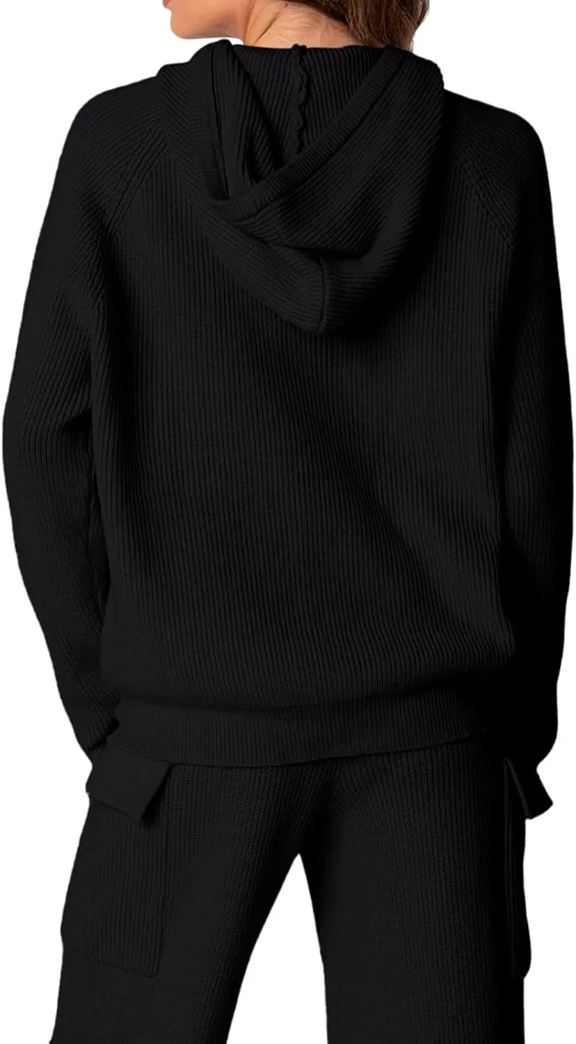 REORIA Women 2 Piece Knit Sweater Set Lounge Hoodie & Cargo Pants Outfit for Fall Winter 2024 Travel Style