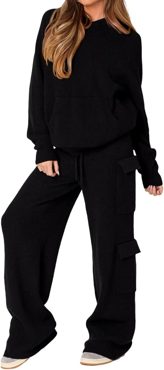 REORIA Women 2 Piece Knit Sweater Set Lounge Hoodie & Cargo Pants Outfit for Fall Winter 2024 Travel Style