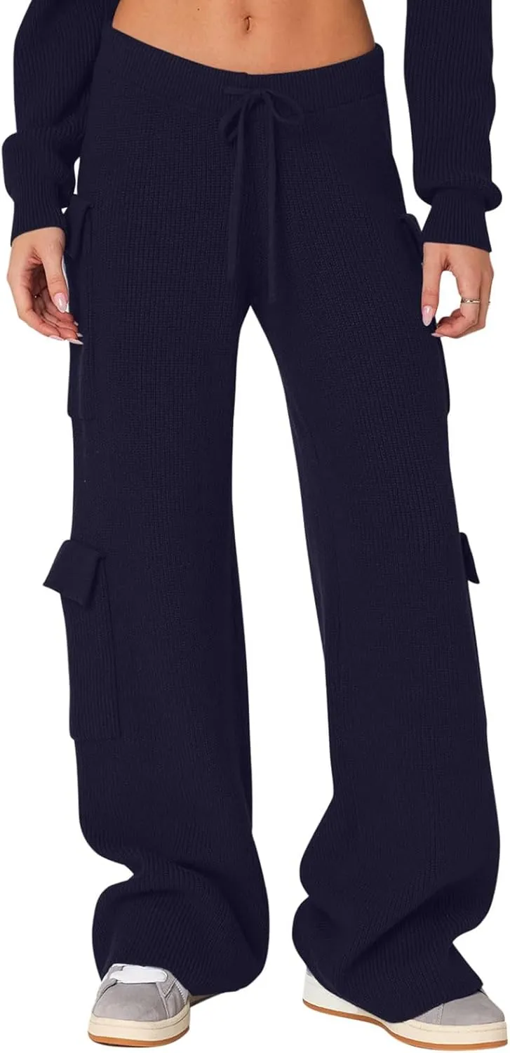 REORIA Women 2 Piece Knit Sweater Set Lounge Hoodie & Cargo Pants Outfit for Fall Winter 2024 Travel Style