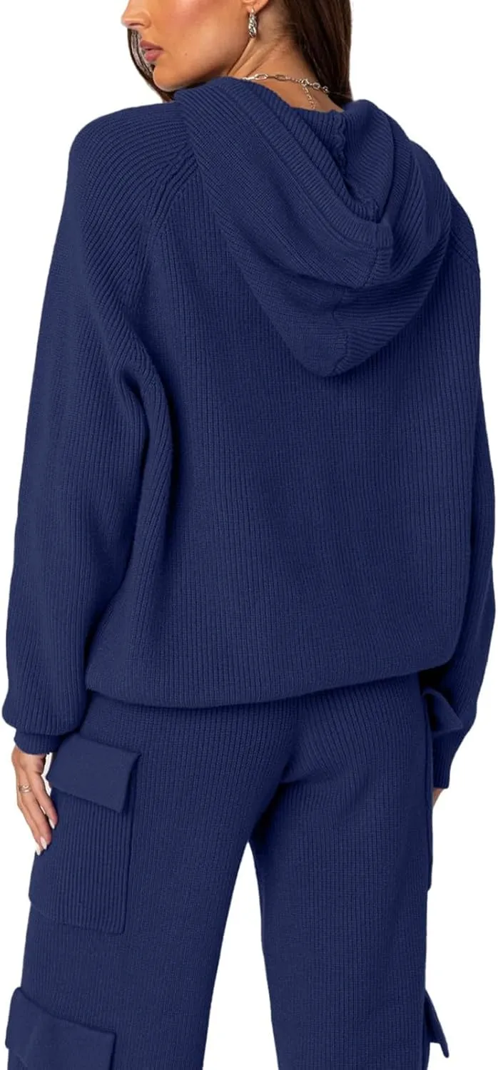 REORIA Women 2 Piece Knit Sweater Set Lounge Hoodie & Cargo Pants Outfit for Fall Winter 2024 Travel Style