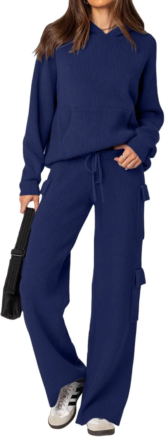 REORIA Women 2 Piece Knit Sweater Set Lounge Hoodie & Cargo Pants Outfit for Fall Winter 2024 Travel Style