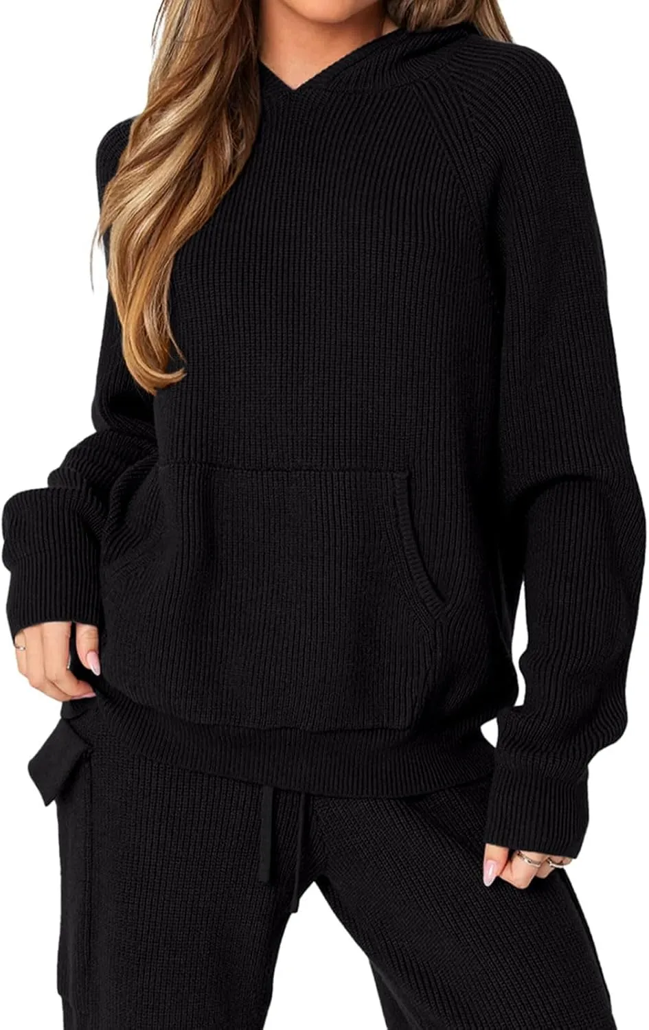 REORIA Women 2 Piece Knit Sweater Set Lounge Hoodie & Cargo Pants Outfit for Fall Winter 2024 Travel Style