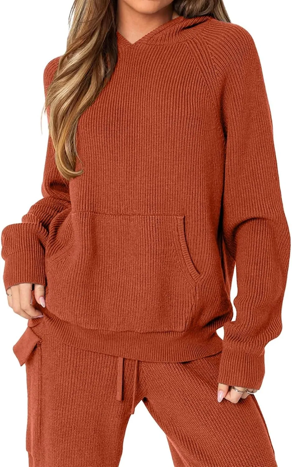 REORIA Women 2 Piece Knit Sweater Set Lounge Hoodie & Cargo Pants Outfit for Fall Winter 2024 Travel Style