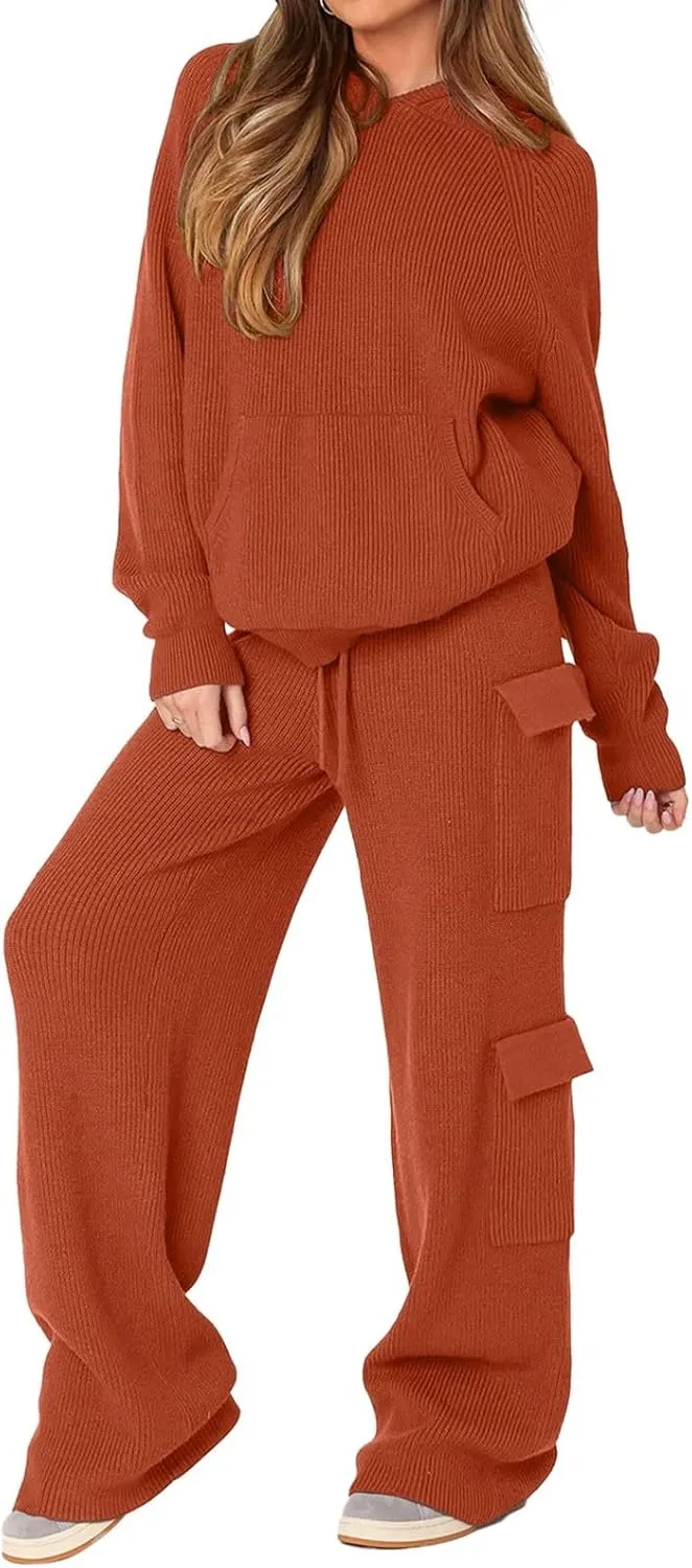 REORIA Women 2 Piece Knit Sweater Set Lounge Hoodie & Cargo Pants Outfit for Fall Winter 2024 Travel Style