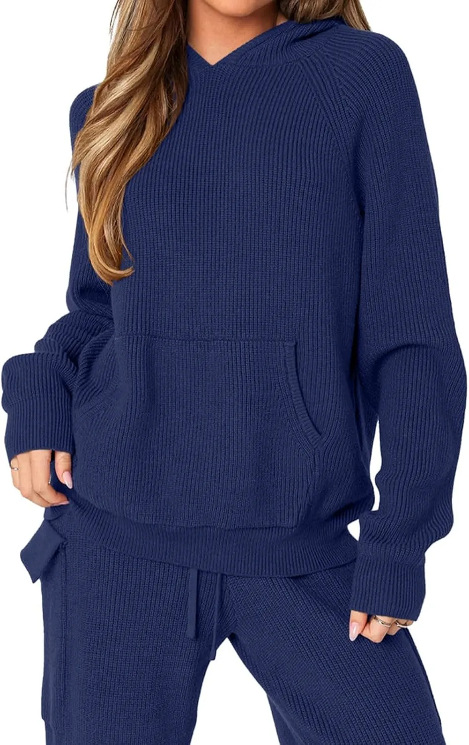 REORIA Women 2 Piece Knit Sweater Set Lounge Hoodie & Cargo Pants Outfit for Fall Winter 2024 Travel Style