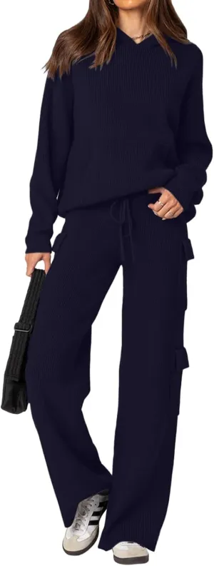 REORIA Women 2 Piece Knit Sweater Set Lounge Hoodie & Cargo Pants Outfit for Fall Winter 2024 Travel Style