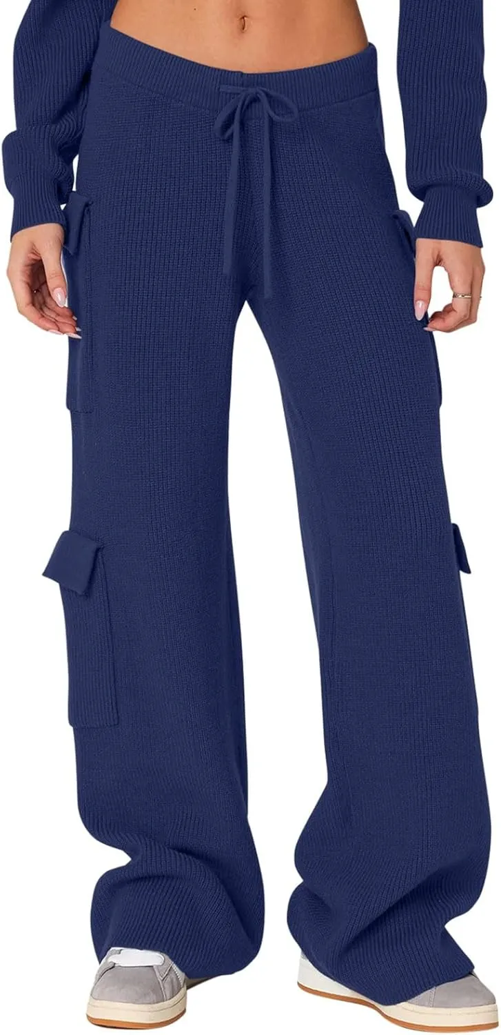 REORIA Women 2 Piece Knit Sweater Set Lounge Hoodie & Cargo Pants Outfit for Fall Winter 2024 Travel Style