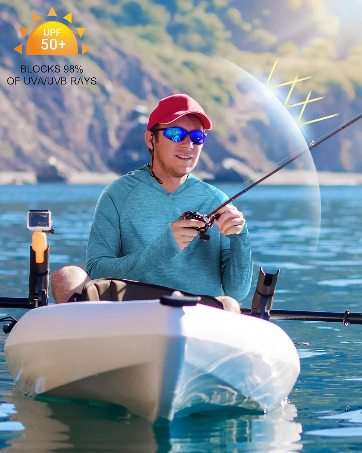 Roadbox UPF 50  Fishing Shirts for Men, Long Sleeve SPF UV Sun Protection Hoodie with Thumb Holes Swim Running Rash Guard