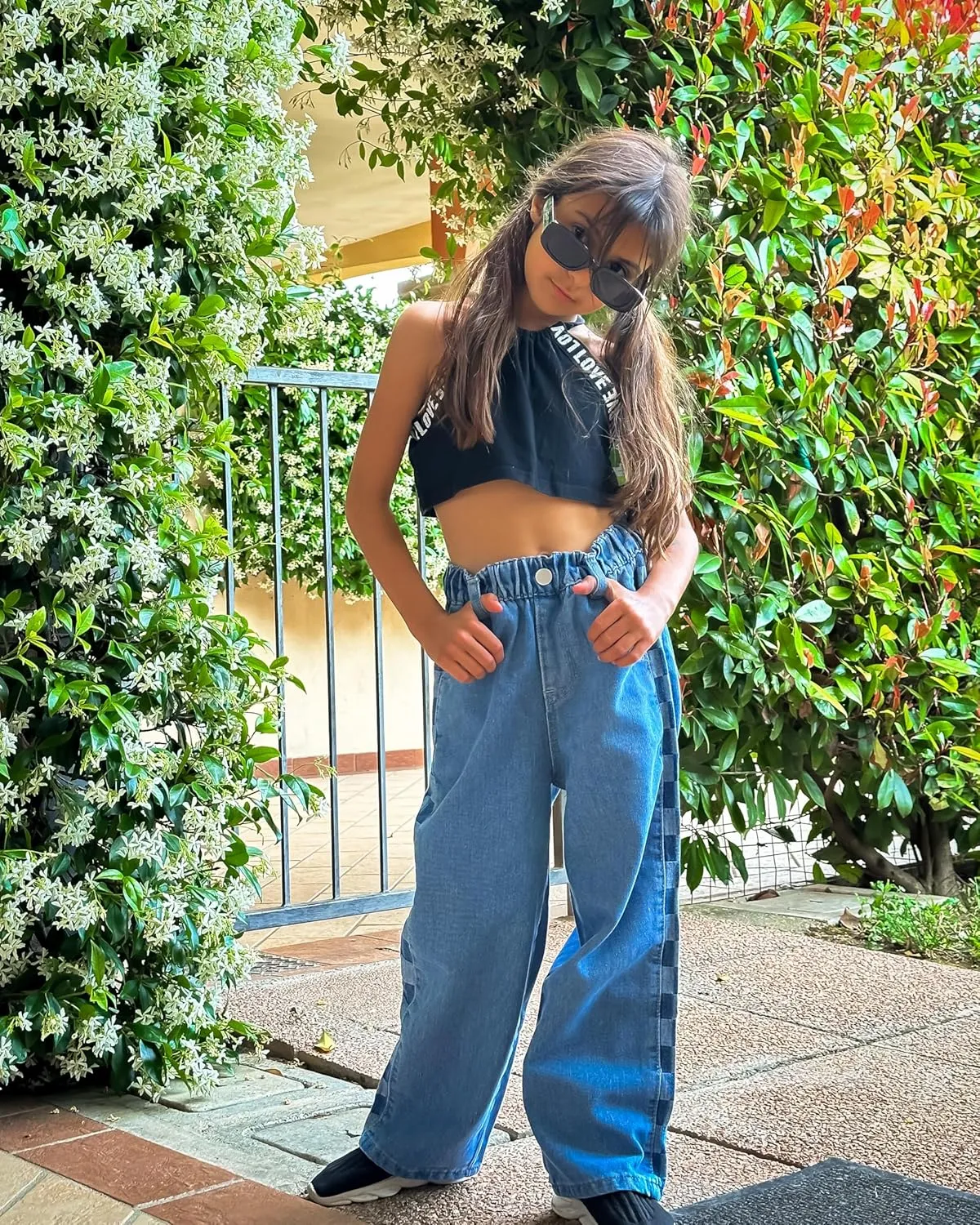 Rolanko Girls Jeans Denim Elastic Wasit Wide Leg Baggy Pants Kids Clothes 4-14 Years