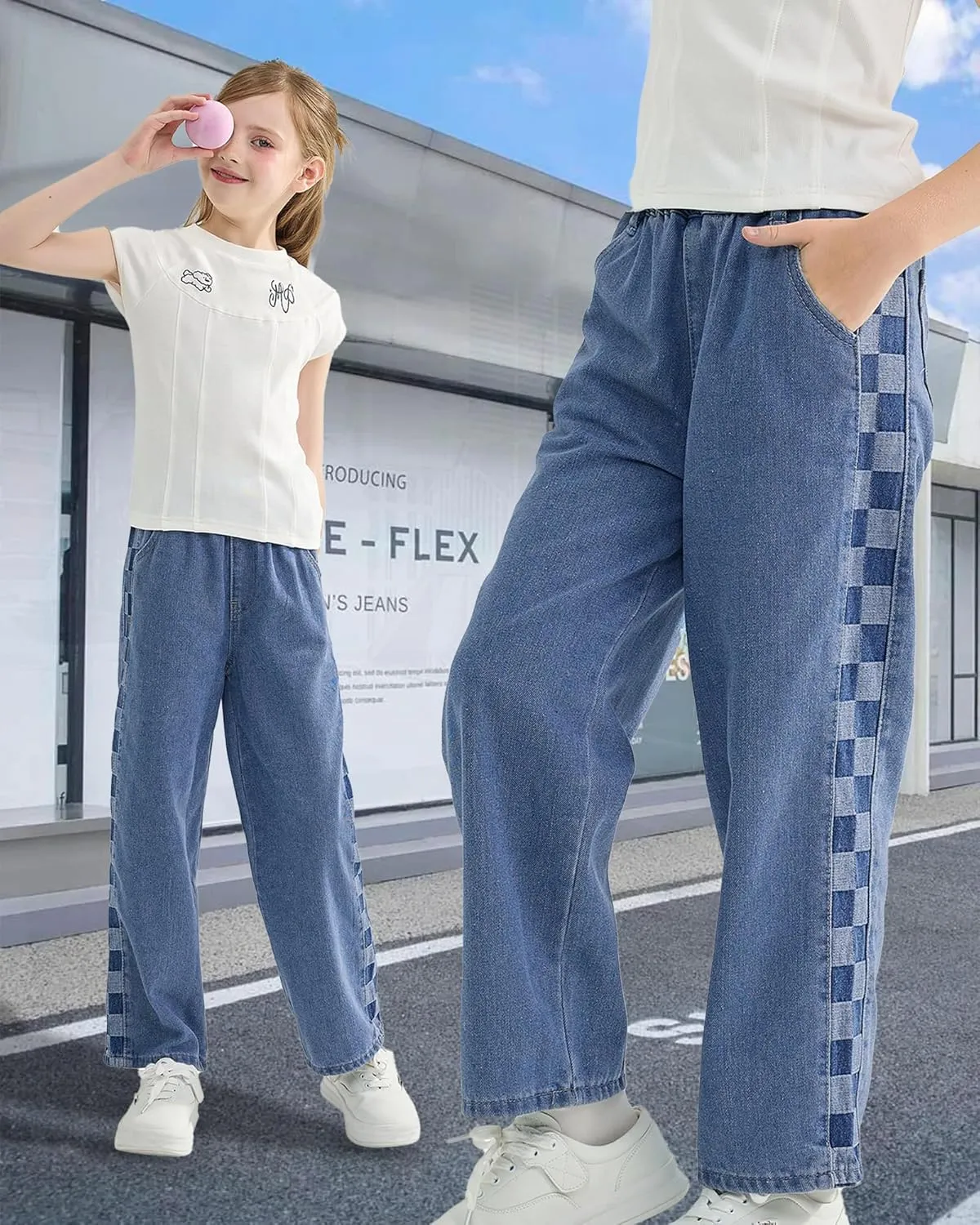 Rolanko Girls Jeans Denim Elastic Wasit Wide Leg Baggy Pants Kids Clothes 4-14 Years