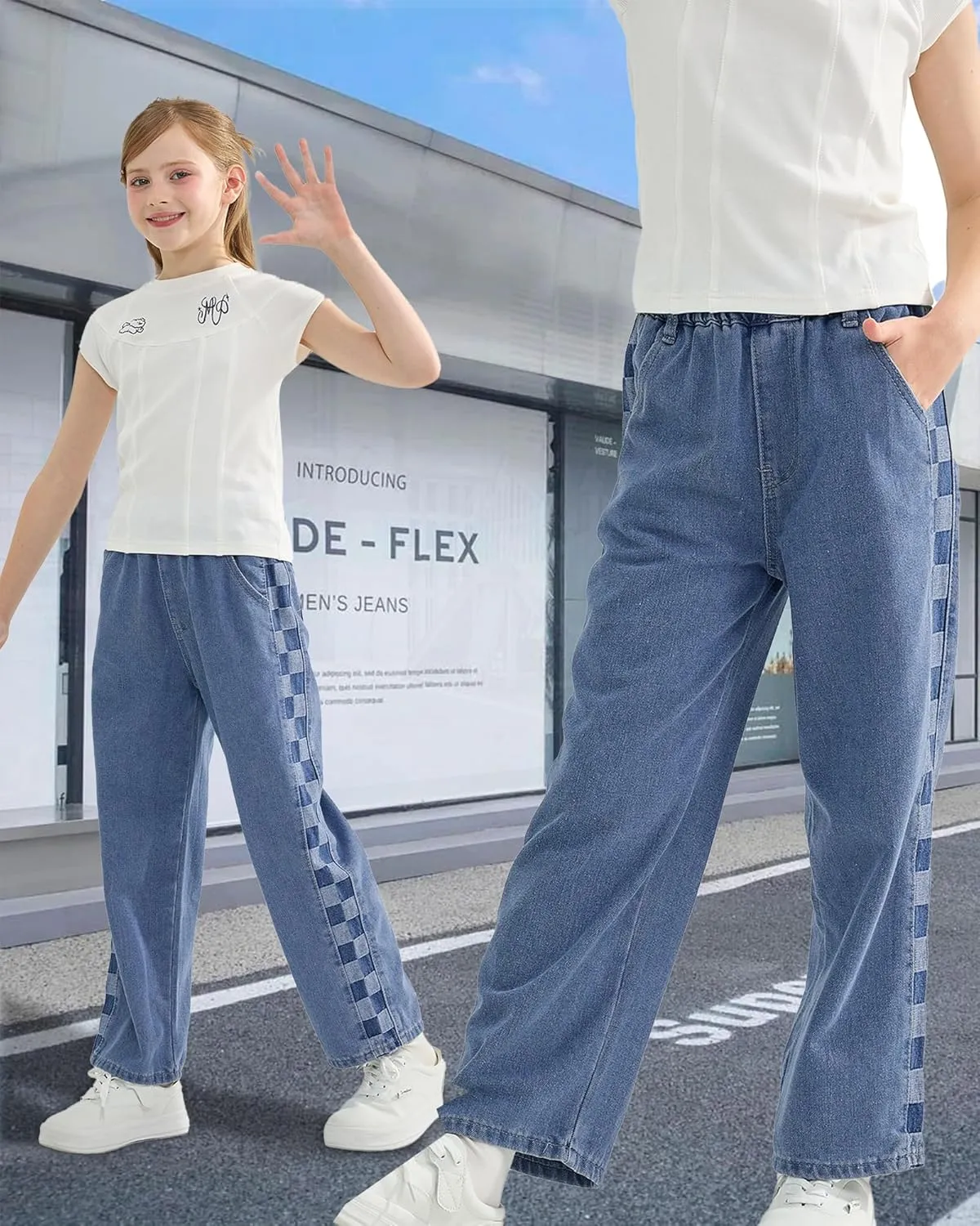 Rolanko Girls Jeans Denim Elastic Wasit Wide Leg Baggy Pants Kids Clothes 4-14 Years