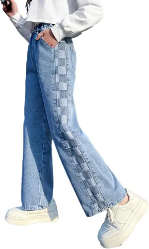 Rolanko Girls Jeans Denim Elastic Wasit Wide Leg Baggy Pants Kids Clothes 4-14 Years