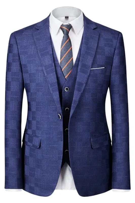 Royal Blue Notched Lapel Three Pieces Plaid Nusiness Suits Slim Fit Wedding Suits