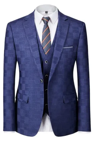 Royal Blue Notched Lapel Three Pieces Plaid Nusiness Suits Slim Fit Wedding Suits