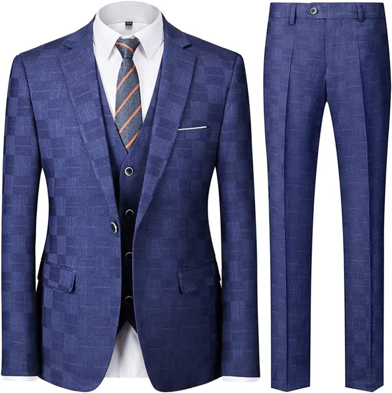 Royal Blue Notched Lapel Three Pieces Plaid Nusiness Suits Slim Fit Wedding Suits