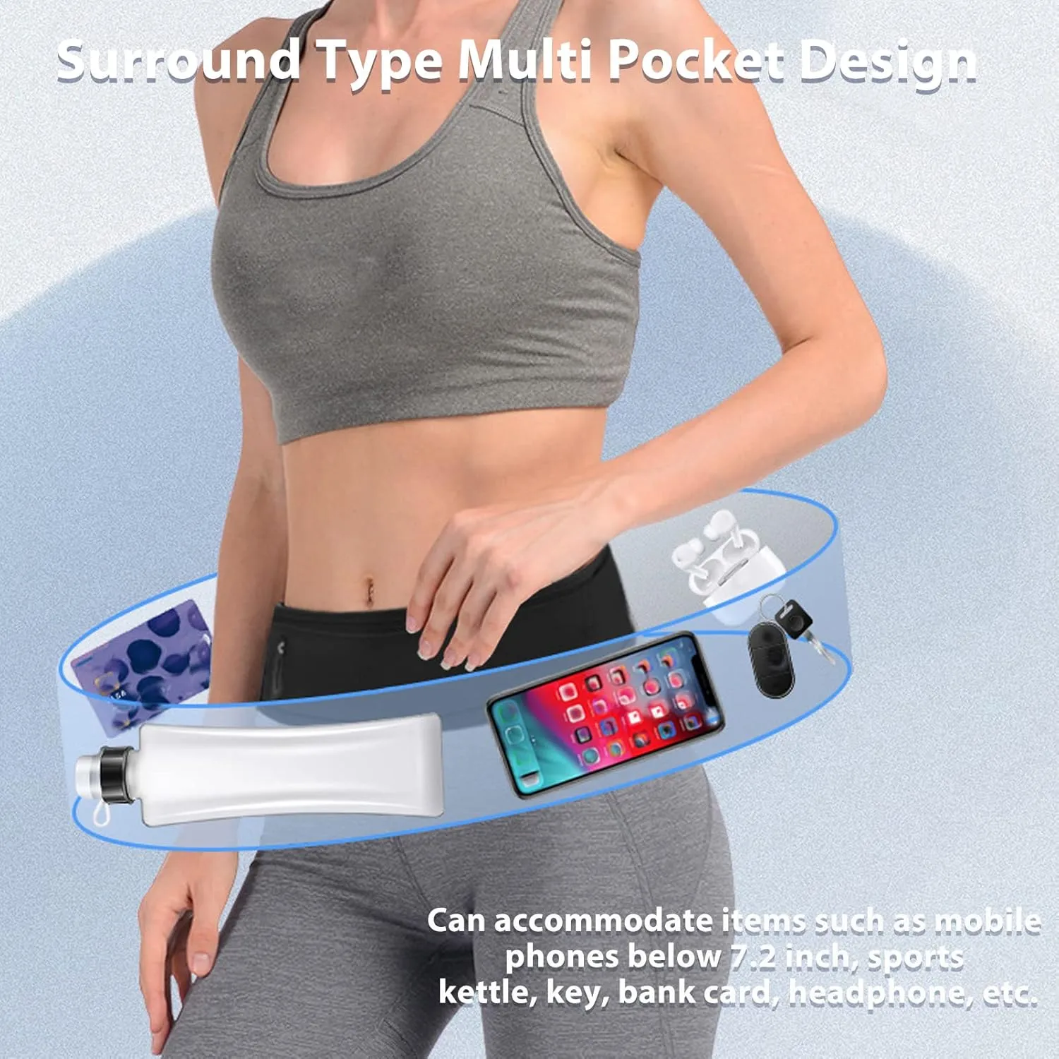 Running Waist Bag Multi Pocket Elastic Breathable Jogging Belt Reflective Strip Exercise Fitness Travel (Black)
