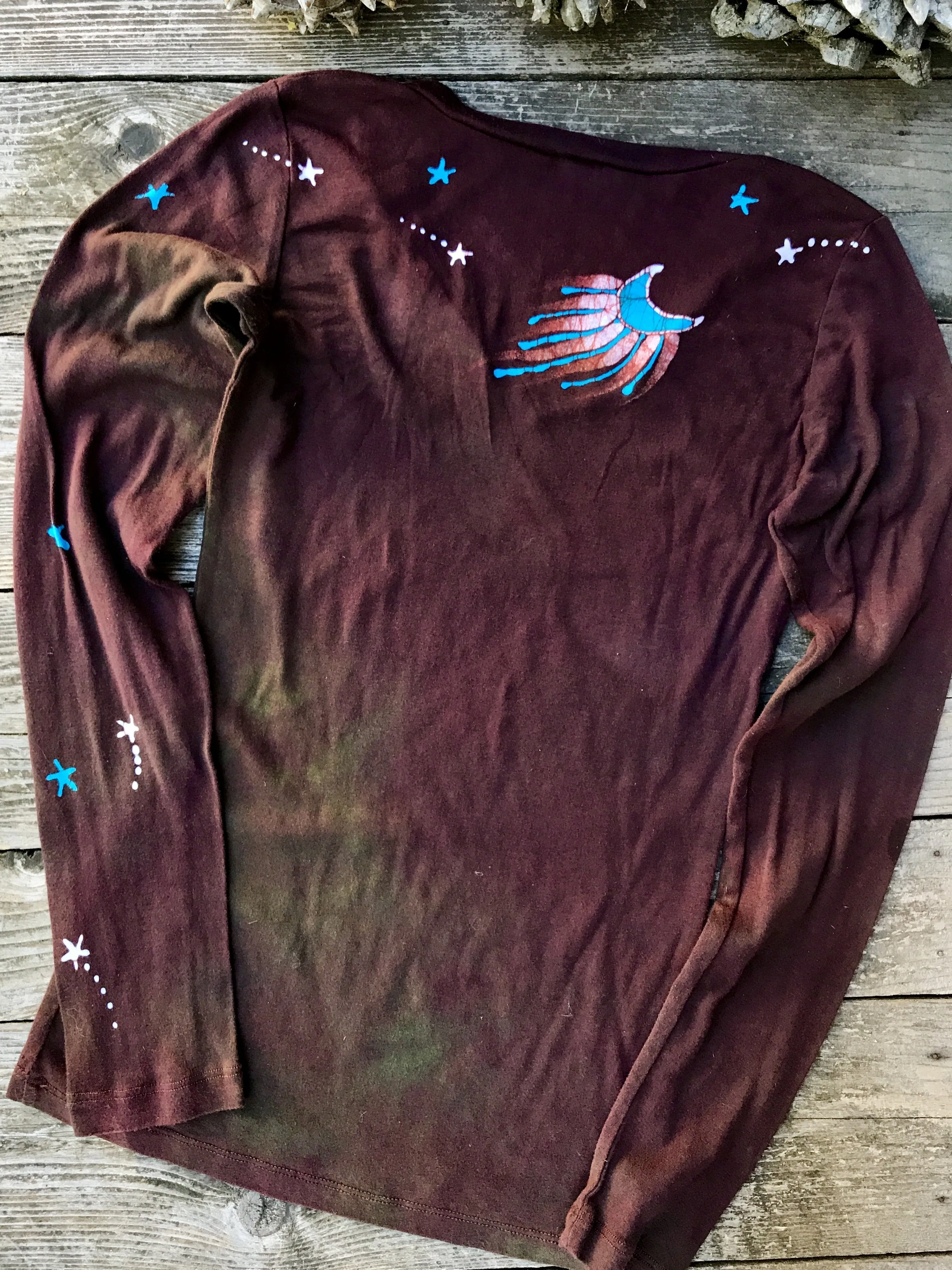 Rust and Turquoise Star Long Sleeve Batik Top