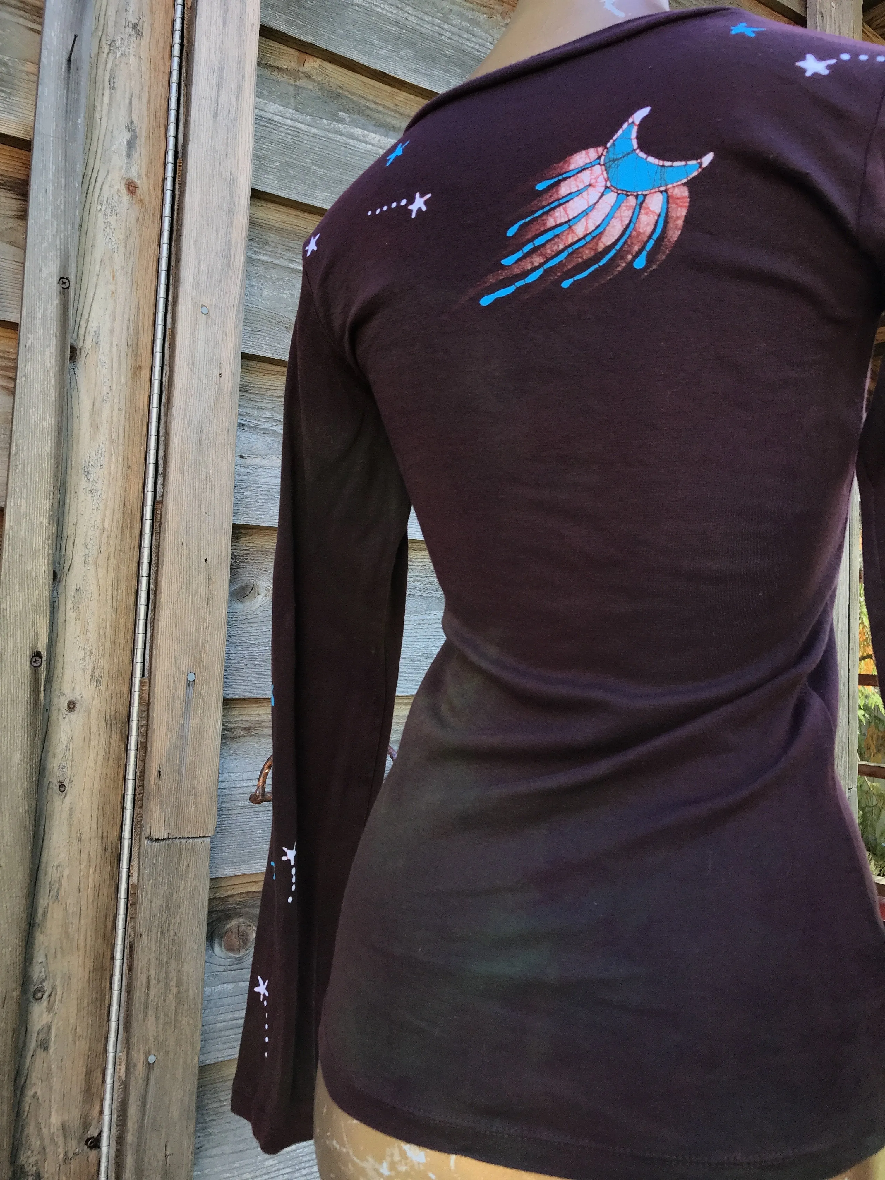 Rust and Turquoise Star Long Sleeve Batik Top