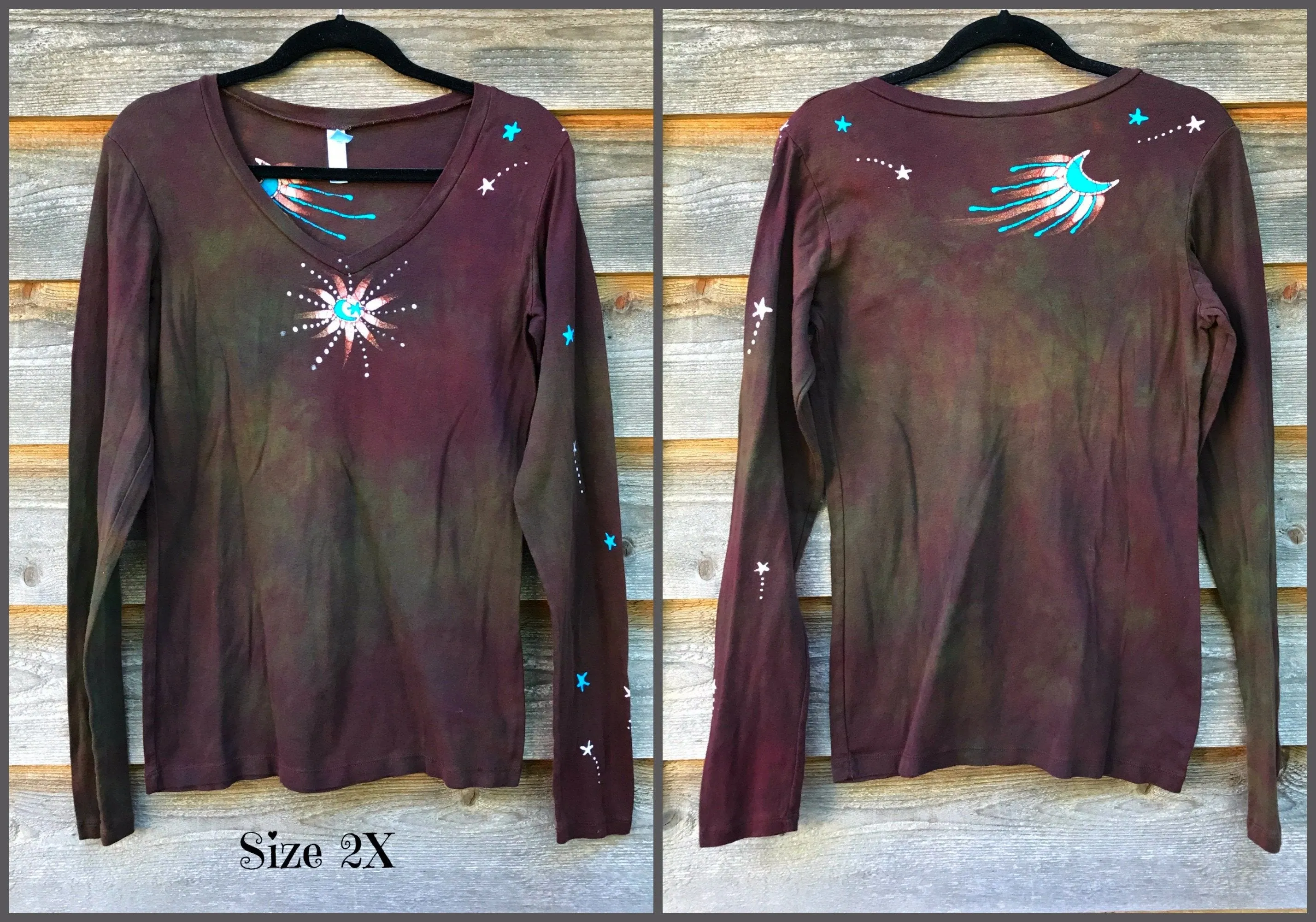 Rust and Turquoise Star Long Sleeve Batik Top