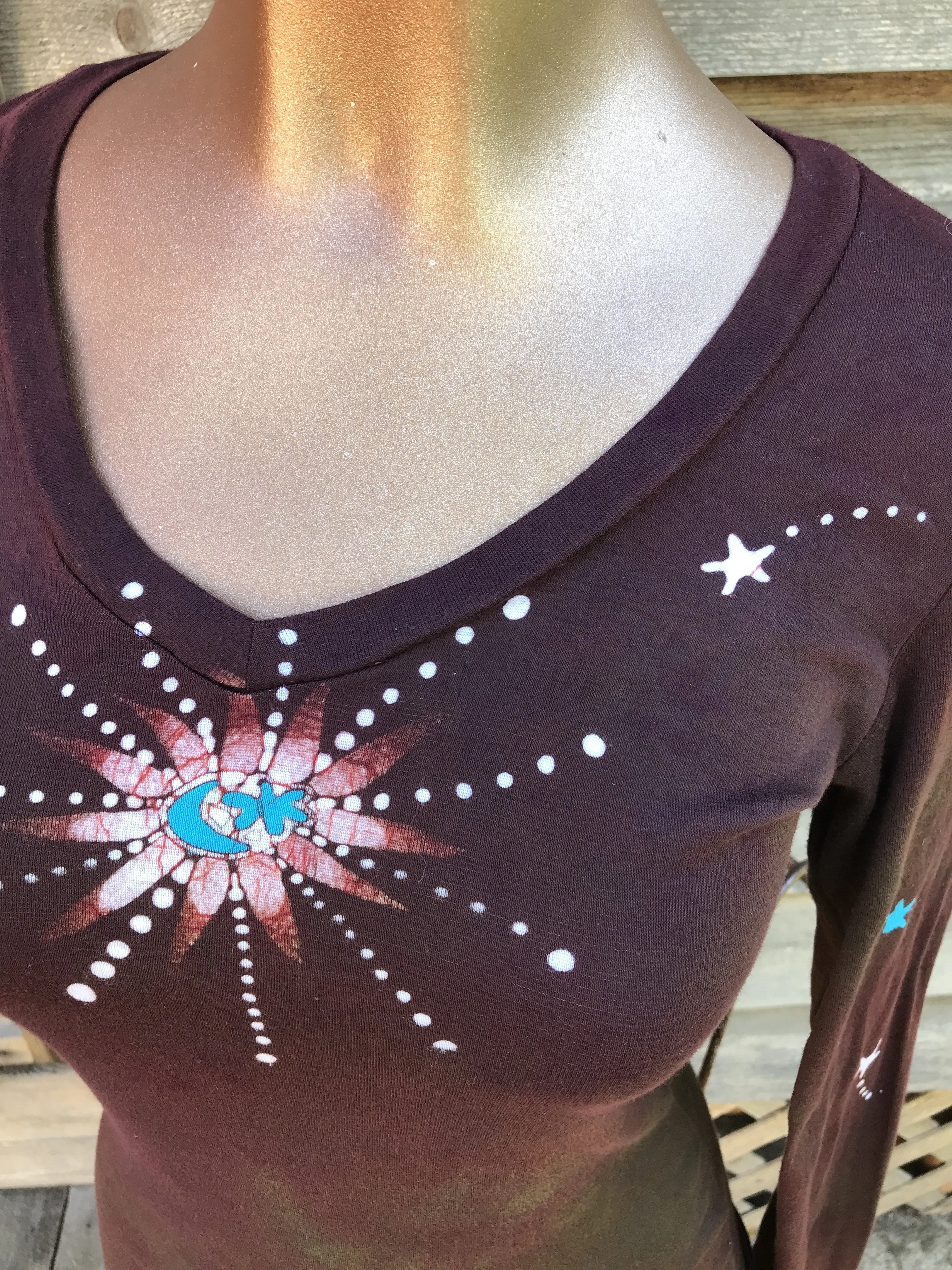Rust and Turquoise Star Long Sleeve Batik Top