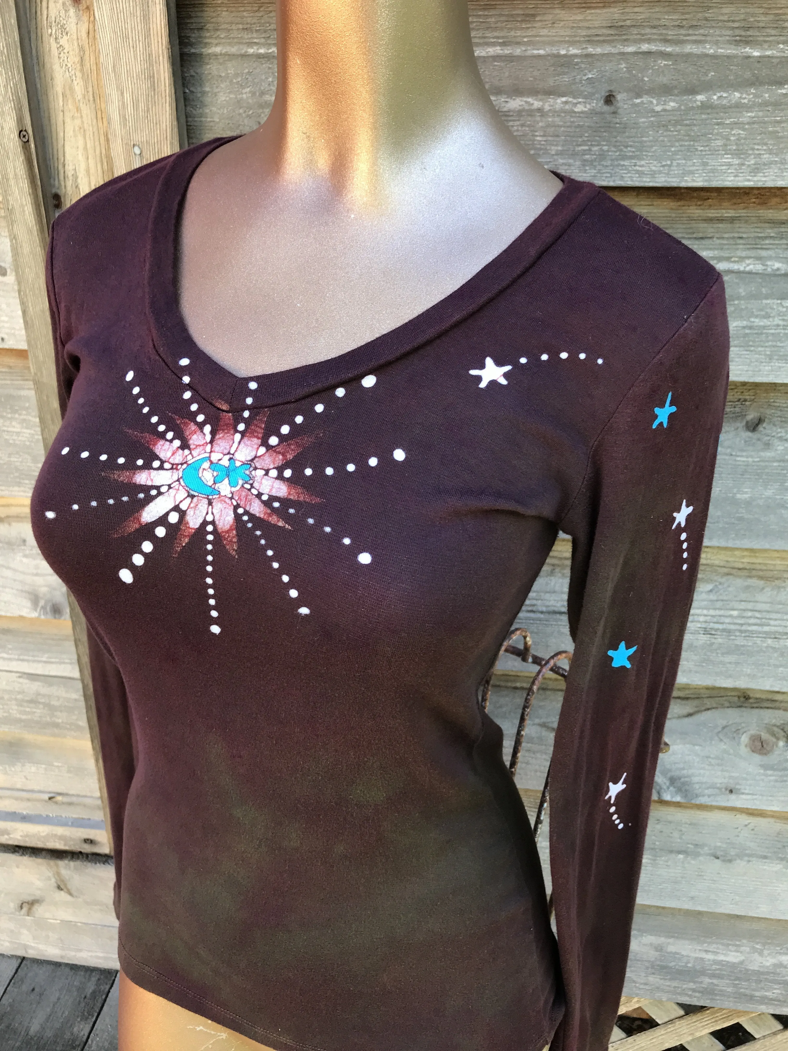 Rust and Turquoise Star Long Sleeve Batik Top
