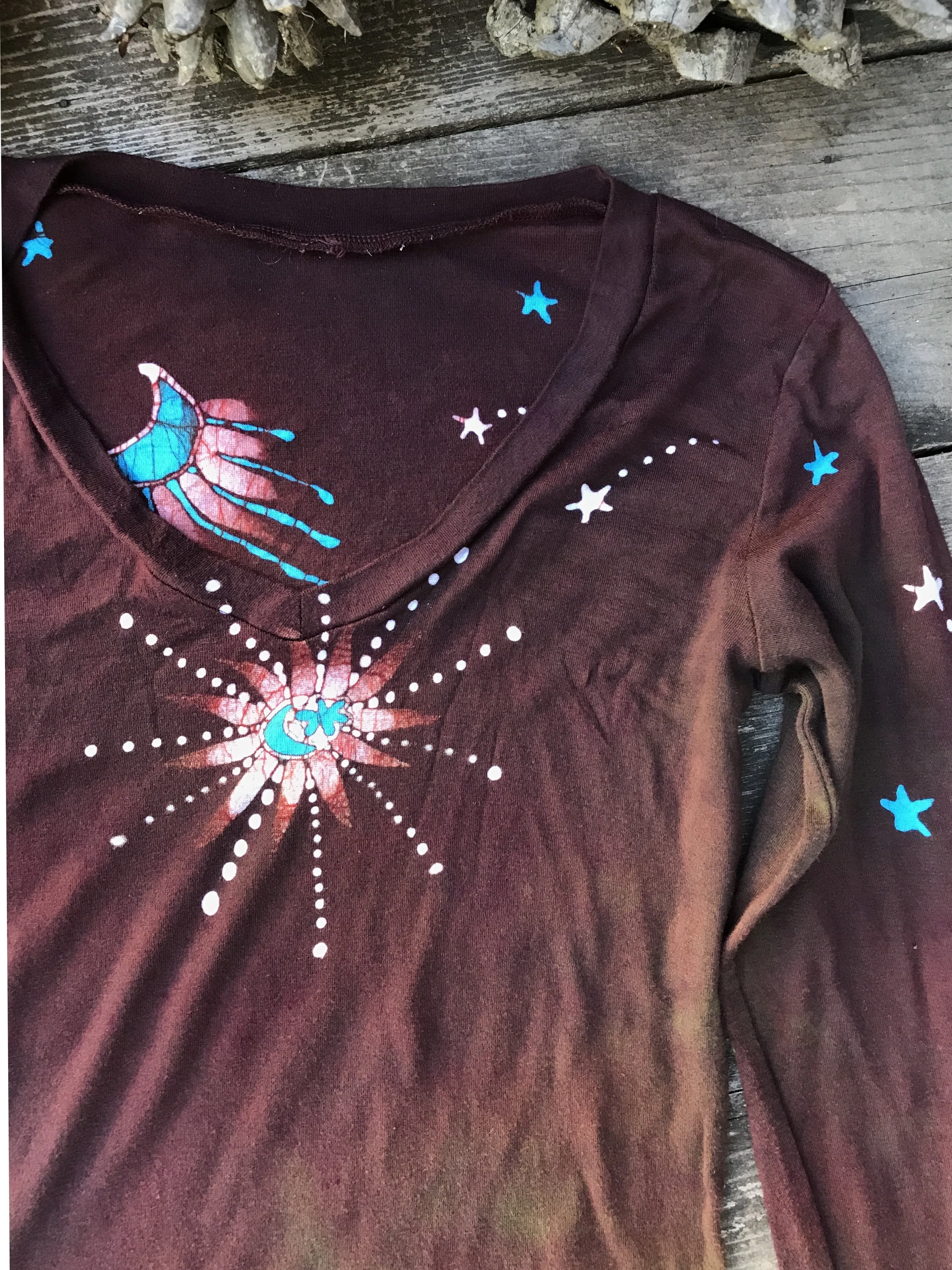 Rust and Turquoise Star Long Sleeve Batik Top