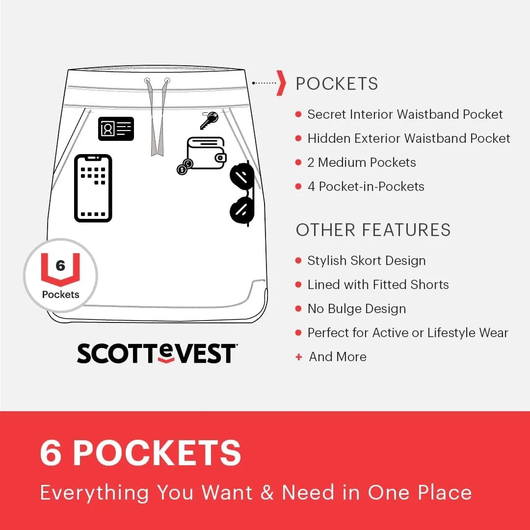 SCOTTeVEST Scarlett Skort for Women - 8 Hidden Pockets - Breathable Lightweight Workout Skirt for Travel & More
