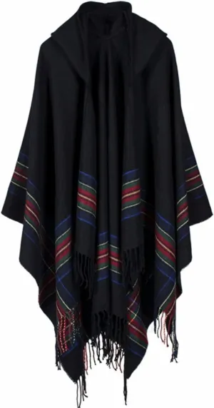 SEMATOMALA Women's Hooded Poncho Cape Winter Warm Open Front Tartan Tassel Trim Plus Size Wrap Shawl Cloak Cardigan Outwear