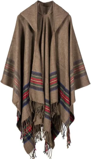 SEMATOMALA Women's Hooded Poncho Cape Winter Warm Open Front Tartan Tassel Trim Plus Size Wrap Shawl Cloak Cardigan Outwear
