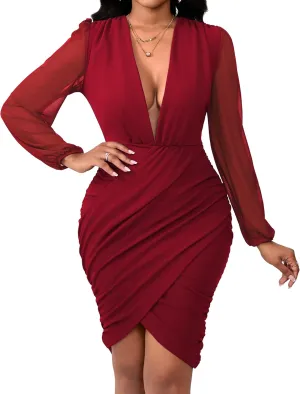 SeNight Women's Dress Sexy V Neck Dresses Bodycon Mesh Long Sleeve Breathable Mini Pencil Clubwear for Evening Party