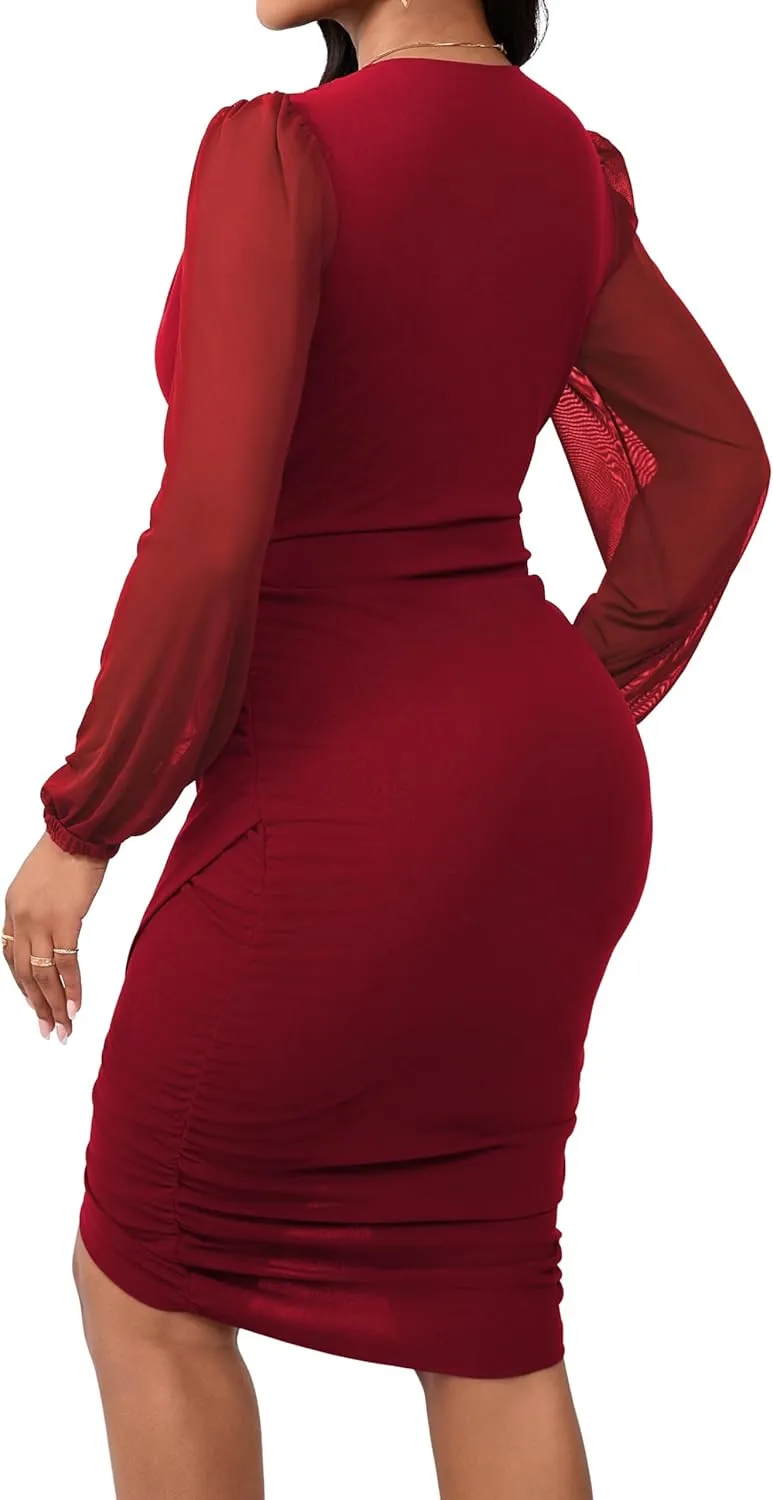 SeNight Women's Dress Sexy V Neck Dresses Bodycon Mesh Long Sleeve Breathable Mini Pencil Clubwear for Evening Party