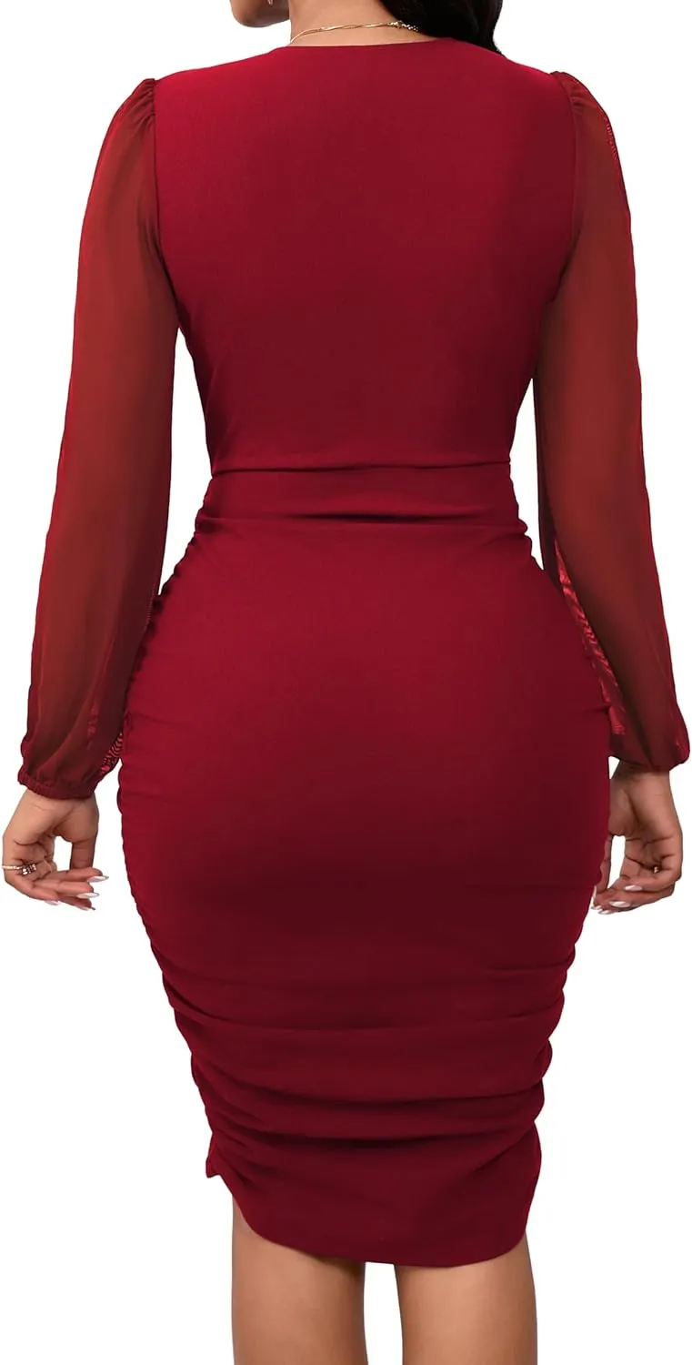 SeNight Women's Dress Sexy V Neck Dresses Bodycon Mesh Long Sleeve Breathable Mini Pencil Clubwear for Evening Party