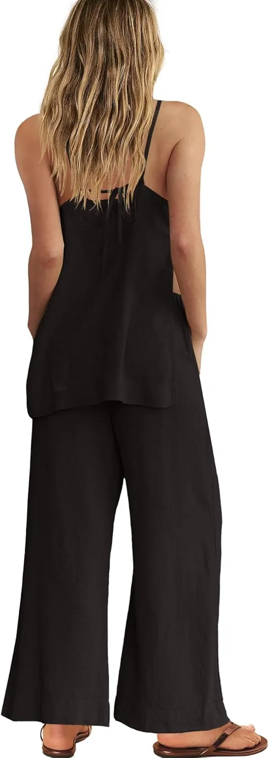 SENSERISE Womens Linen Set Two Piece Set Summer Beach Vacation Outfits Spaghetti Strap Tank Top and Pants Sets
