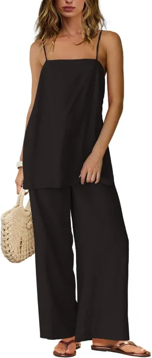 SENSERISE Womens Linen Set Two Piece Set Summer Beach Vacation Outfits Spaghetti Strap Tank Top and Pants Sets