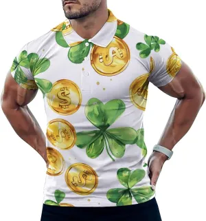 Shamrock Leaf and Gold Coins Mens Polo Shirts Quick Dry Short Sleeve Golf Slim Fit T Shirt
