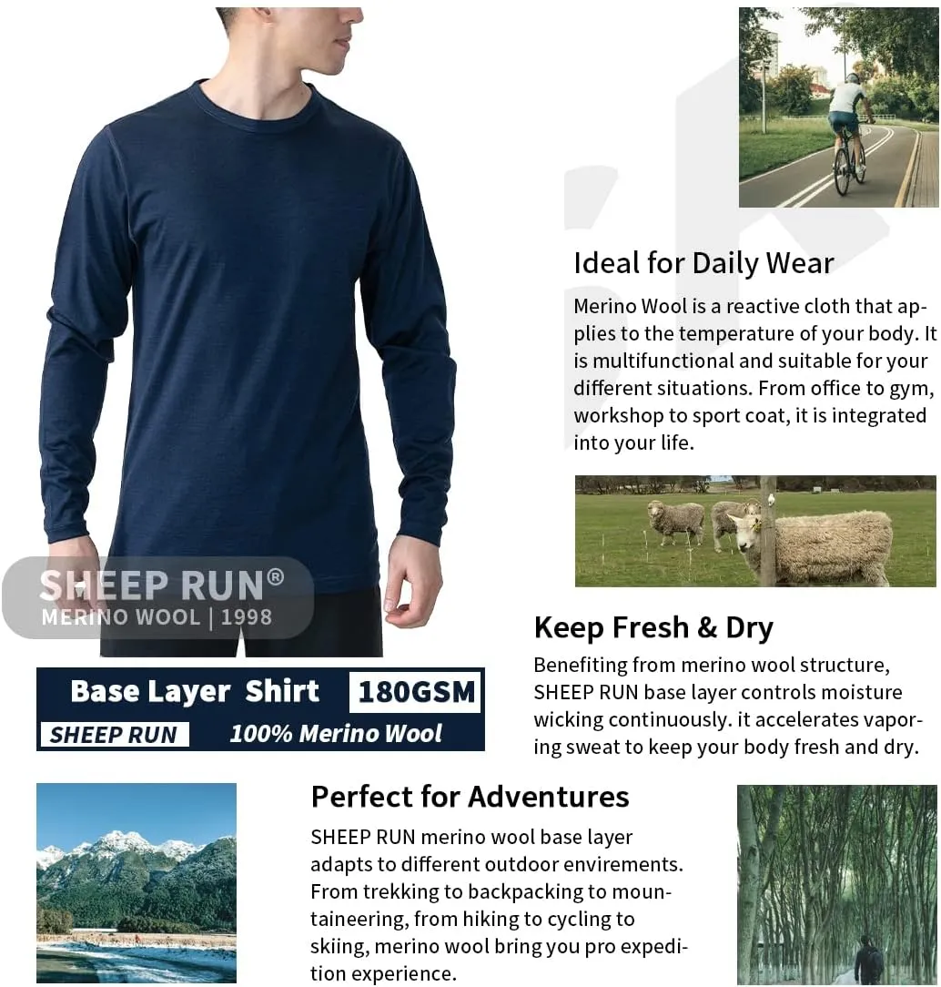 SHEEP RUN 100% Merino Wool Men's Wicking Breathable Base Layer Hiking Running Long Sleeve Shirt
