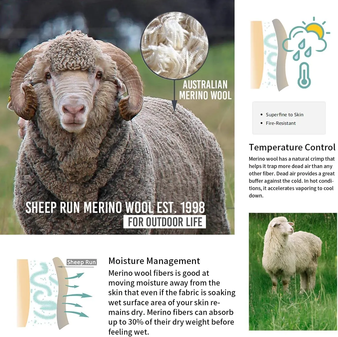 SHEEP RUN 100% Merino Wool Men's Wicking Breathable Base Layer Hiking Running Long Sleeve Shirt
