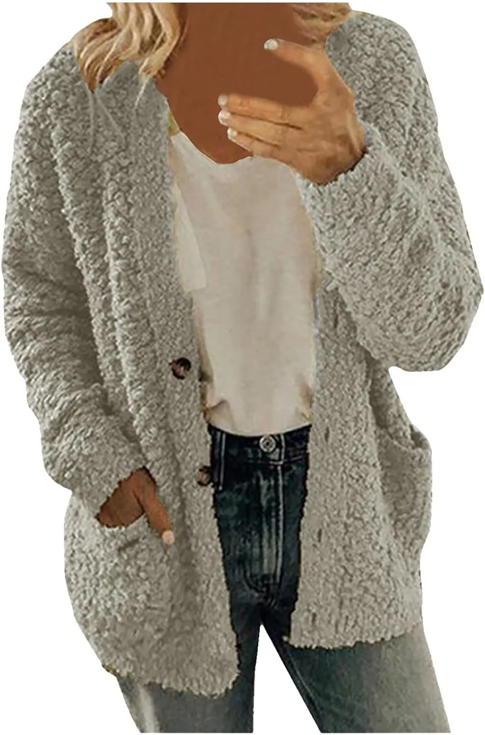Sherpa Jacket Women 2024 Plus Size Open Front Long Sleeve Button Coat Casual Fuzzy Fall Winter Cardigan Outerwear